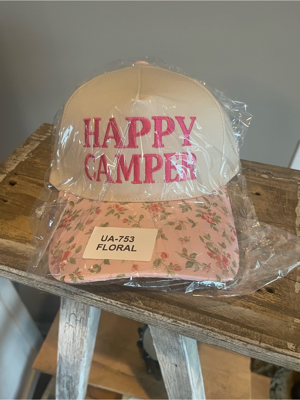 “Happy Camper” Embroidered Floral Pink & Cream Baseball Hat